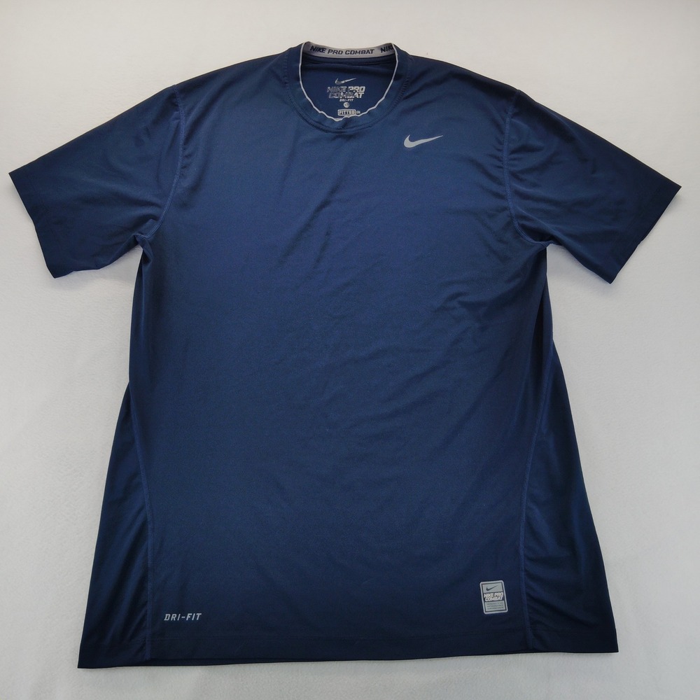 Nike Pro Combat Shirt Mens XL Navy Blue Good Dri-Fit Fitted Short Sleeve Top